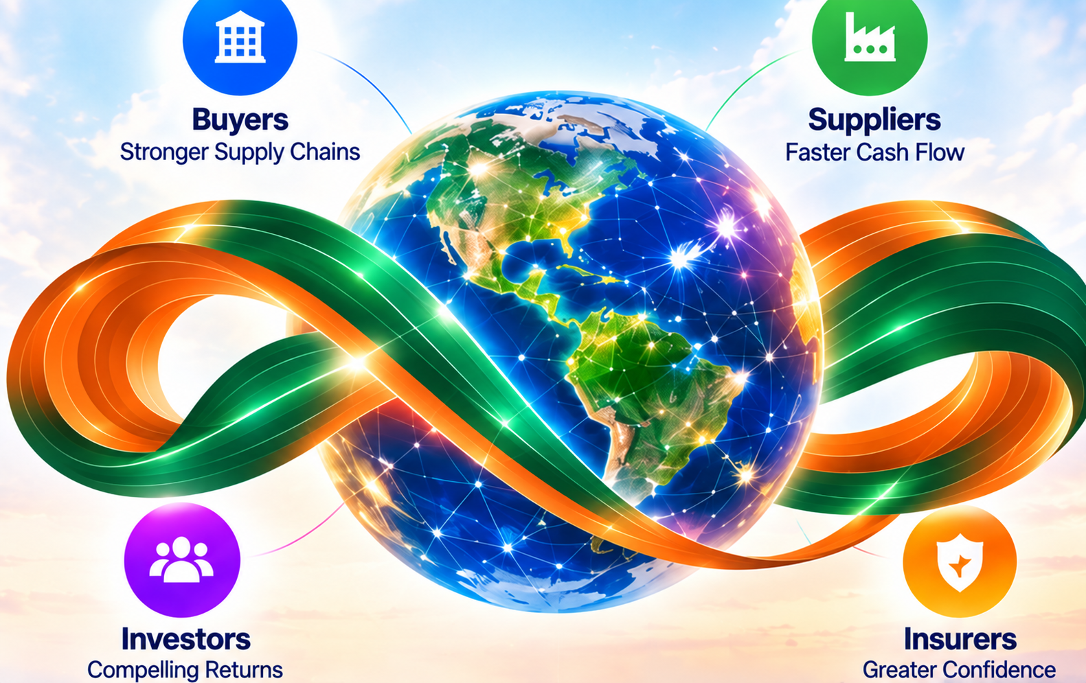 Settavio ecosystem showing buyers, suppliers, investors and insurers around a connected earth